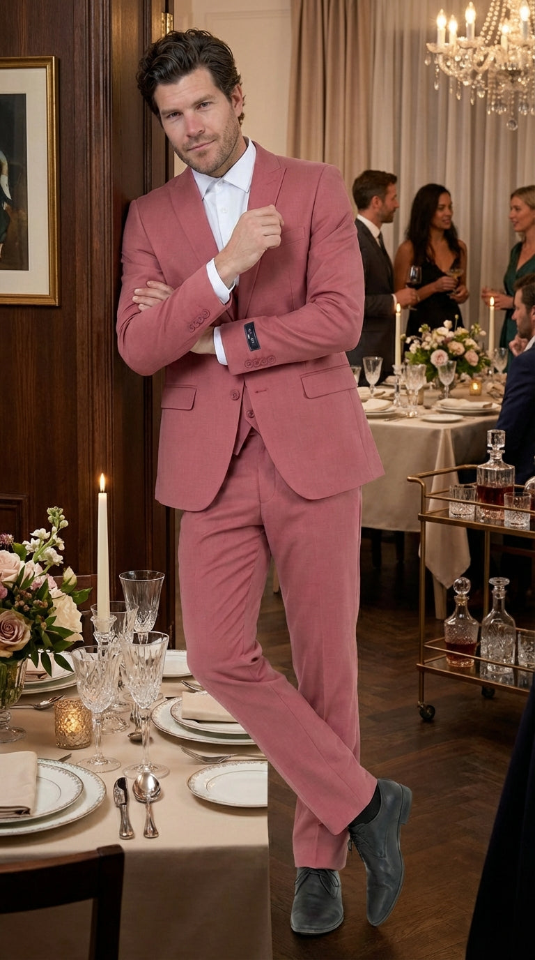 Mens Dusty Rose Three Piece Suit – Modern Formal 3PC Wedding and Prom Suit - Pink Coloe Modern Fit - 34 Short or Extra Small