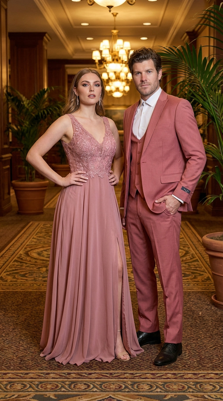 Mens Dusty Rose Three Piece Suit – Modern Formal 3PC Wedding and Prom Suit - Pink Coloe Modern Fit - 34 Short or Extra Small