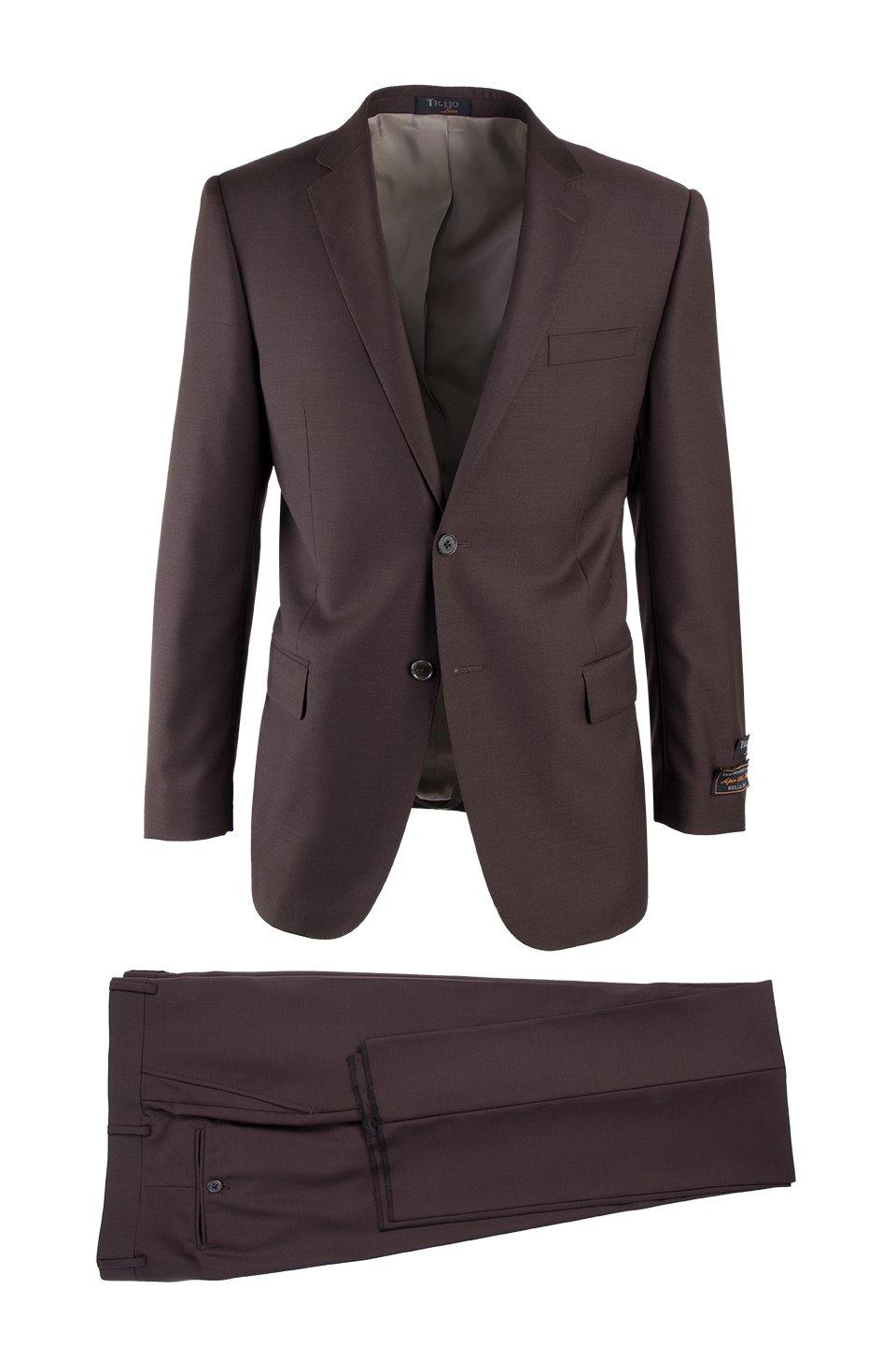 Tiglio Italian Suit - Real Wool Fabric Super 150's Novello Brown, Modern Fit Suit in Color Brown - 36S