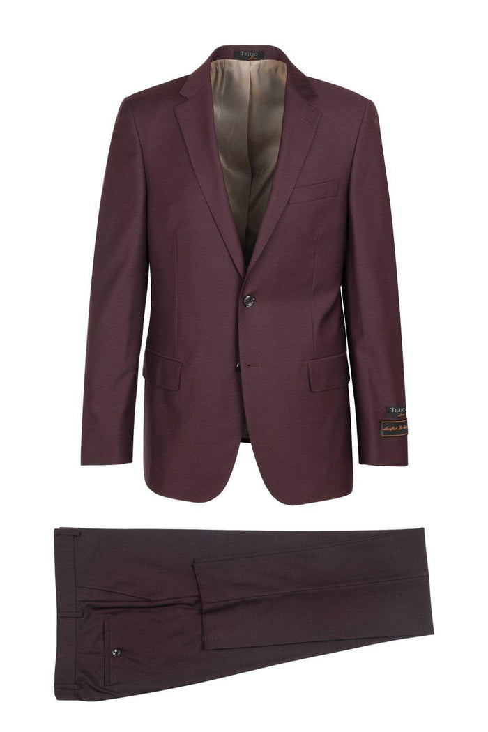 Modern Fit - Tiglio Italian Suit - Real Wool Fabric Super 150's Novello Burgundy, Modern Fit Suit in Color Burgundy