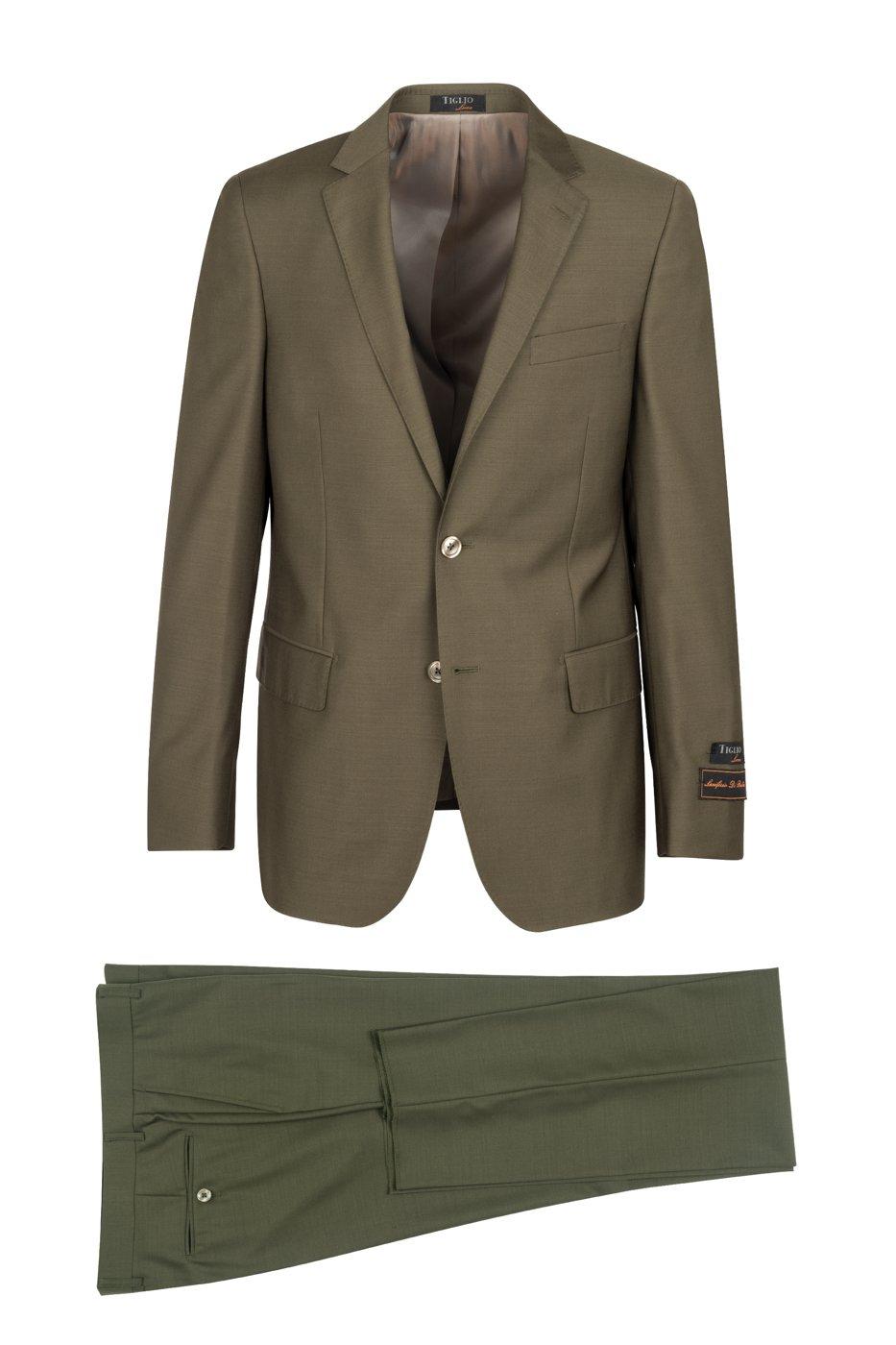 Modern Fit - Tiglio Italian Suit - Real Wool Fabric Super 150's Novello Olive, Modern Fit Suit in Color Olive