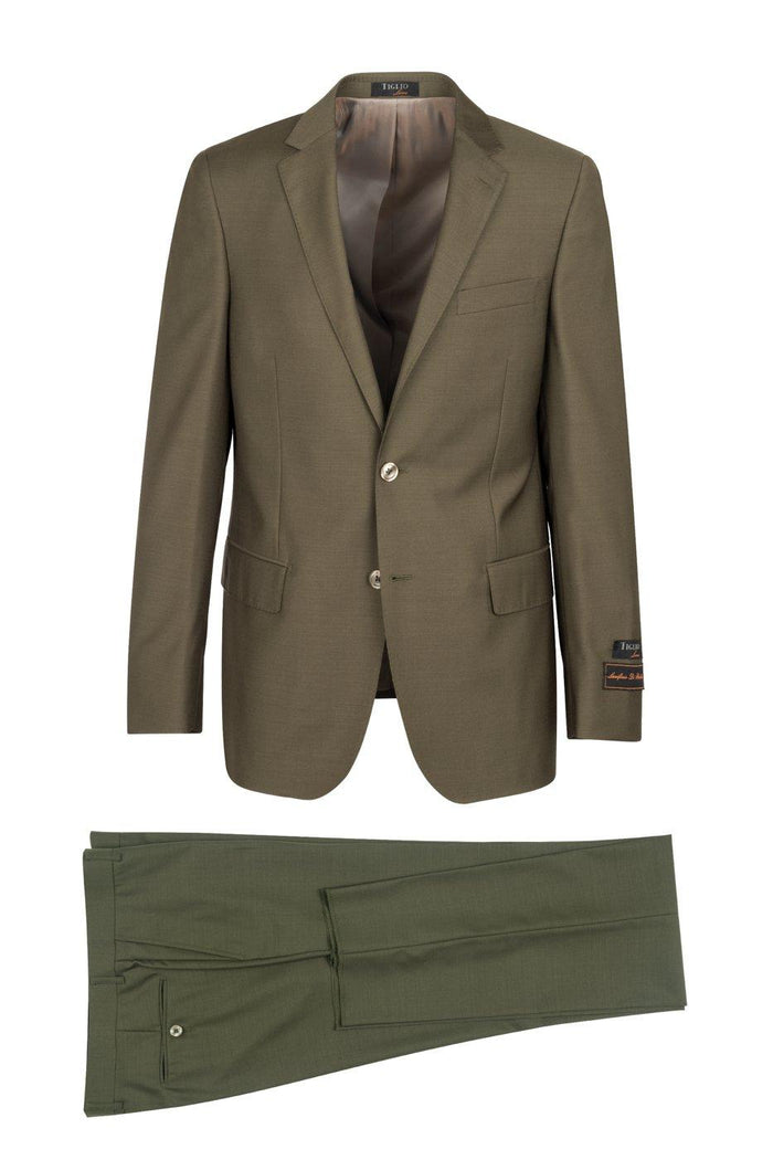 Modern Fit - Tiglio Italian Suit - Real Wool Fabric Super 150's Novello Olive, Modern Fit Suit in Color Olive