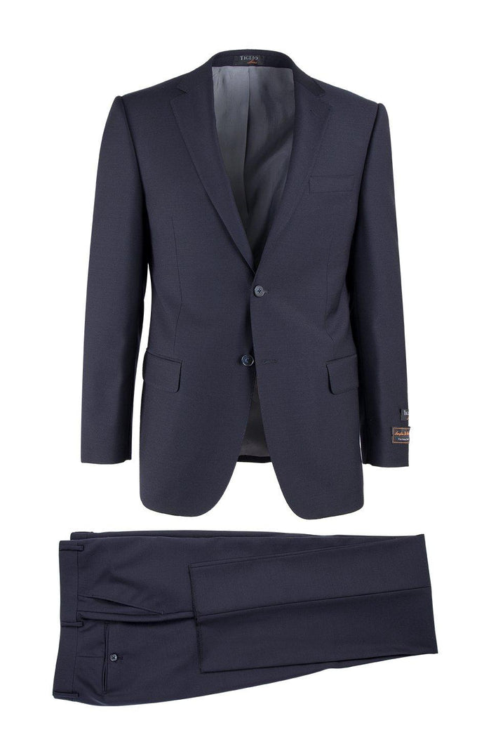 Modern Fit - Tiglio Italian Suit - Real Wool Fabric Super 150's Novello Navy, Modern Fit Suit in Color Navy