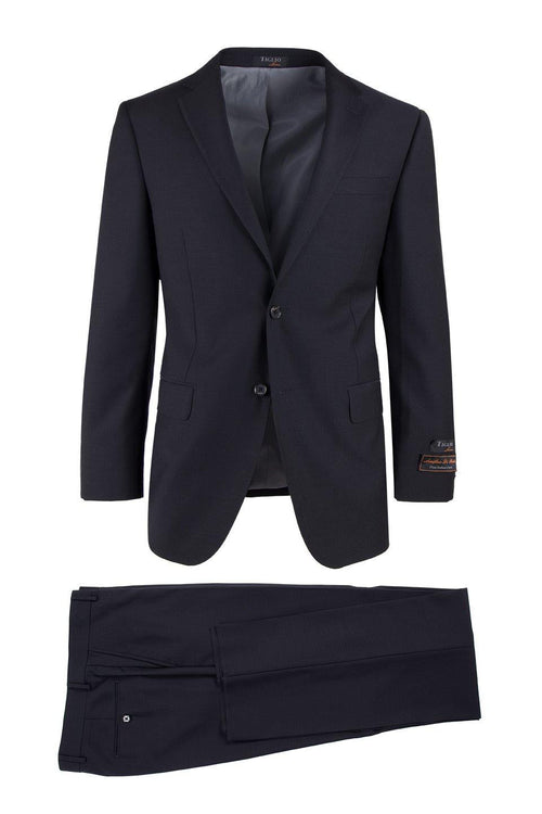 Modern Fit Tiglio Italian Suit - Real Wool Fabric Super 150's Novello Black, Modern Fit Suit in Color Black