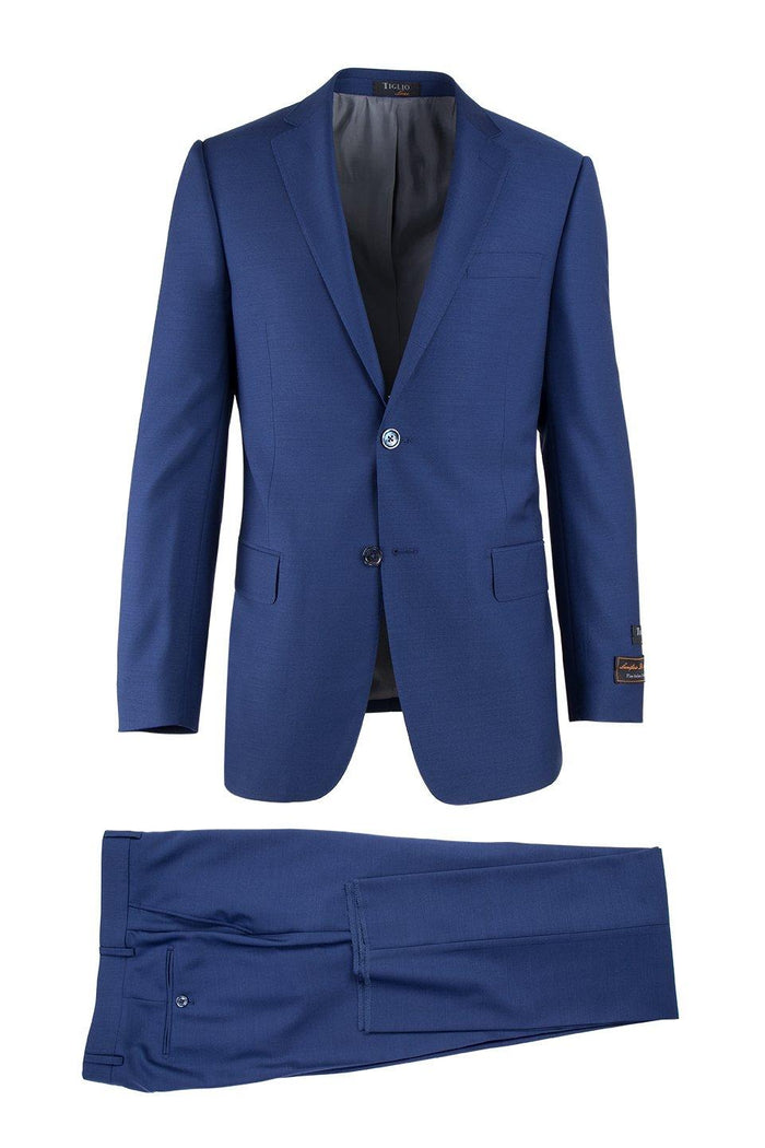 Modern Fit - Tiglio Italian Suit - Real Wool Fabric Super 150's Novello F.Blue, Modern Fit Suit in Color Blue