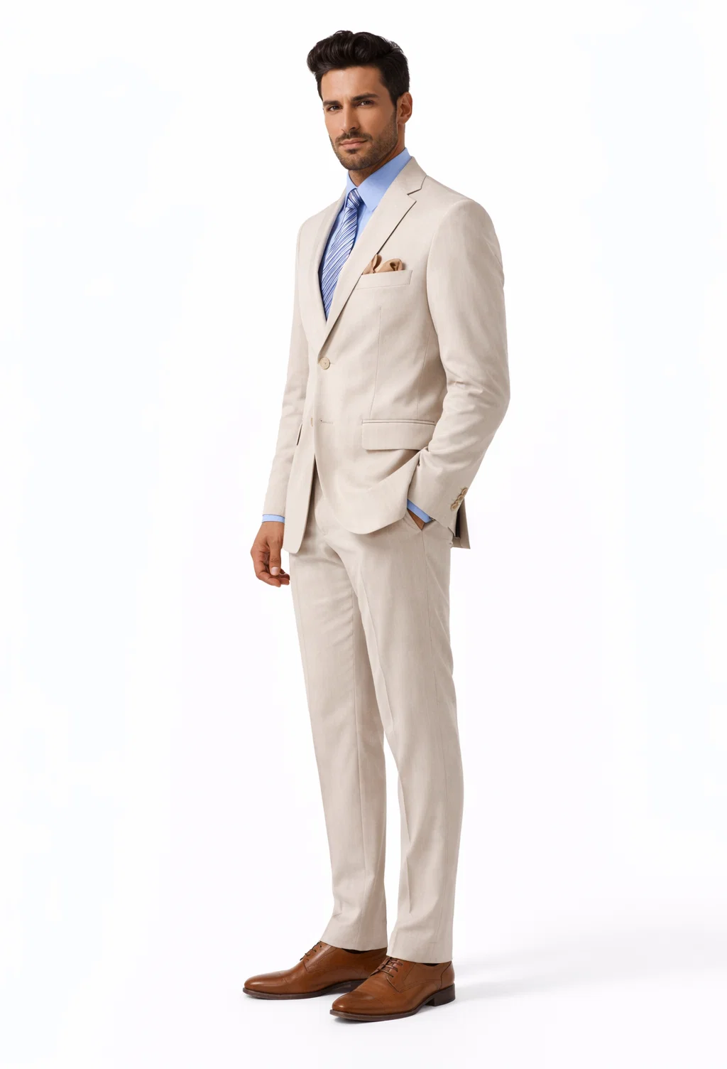 Modern Fit Summer 2 Piece 2 Button Suit Striped Seersucker in Tan