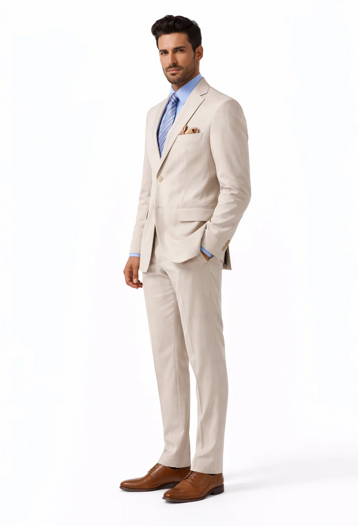 Modern Fit Summer 2 Piece 2 Button Suit Striped Seersucker in Tan