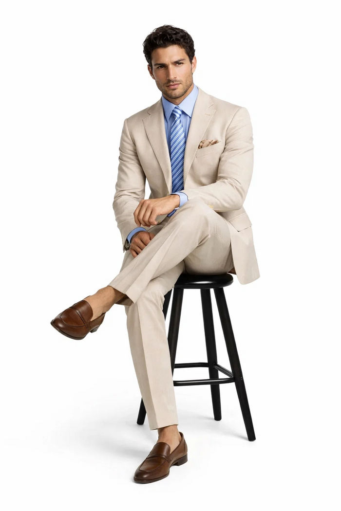 Modern Fit Summer 2 Piece 2 Button Suit Striped Seersucker in Tan