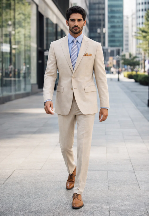 Modern Fit Summer 2 Piece 2 Button Suit Striped Seersucker in Tan