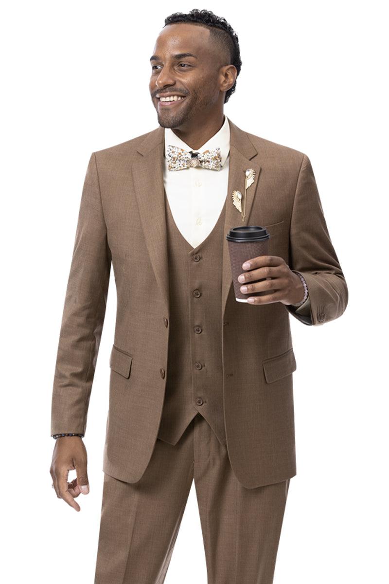 Modern Fit Two Button Vested Sharkskin Business Suit by EJ Samuel | Rust Brown - Brown