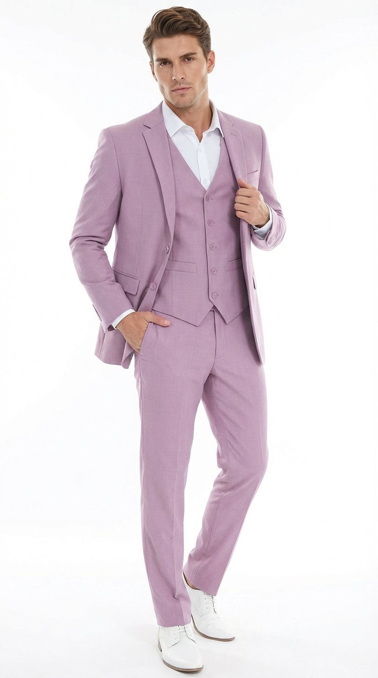 Mens Dusty Rose 3 Piece Suit Modern Pink Formal Suit Set for Wedding, Prom and Special Events Pinkish Color - 34 Short or Extra Small