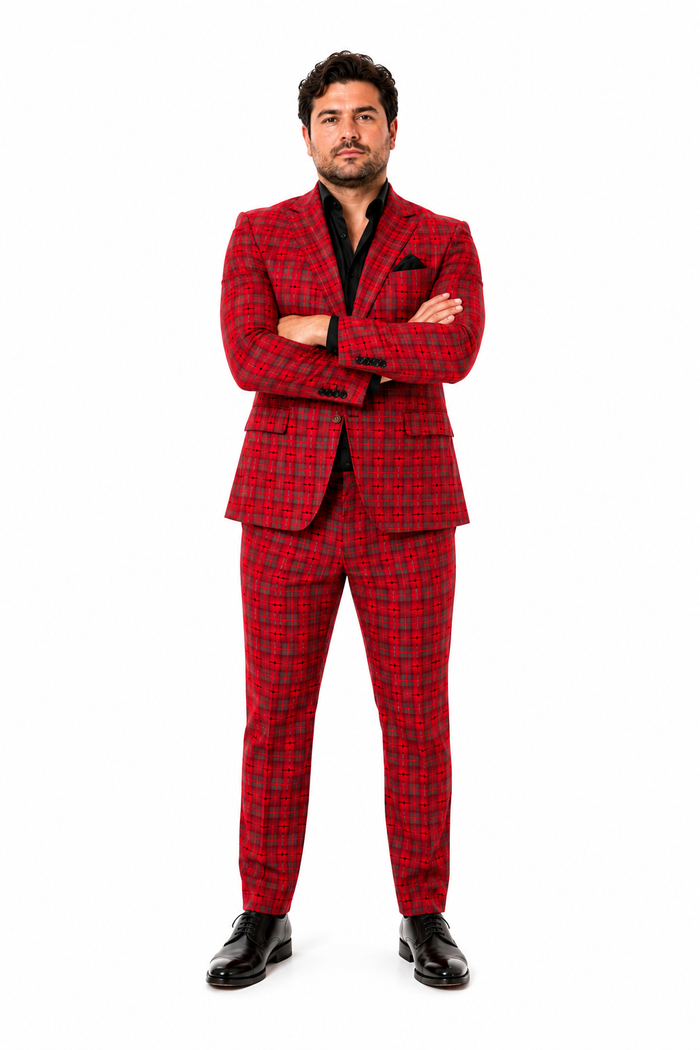 Modern Red Plaid Blazer Tartan Windowpane Pattern Christmas Party Color