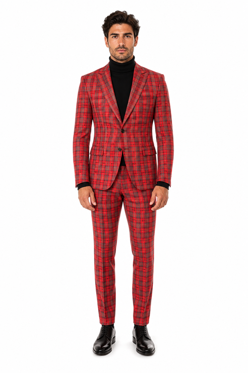 Modern Red Plaid Blazer Tartan Windowpane Pattern Christmas Party Color