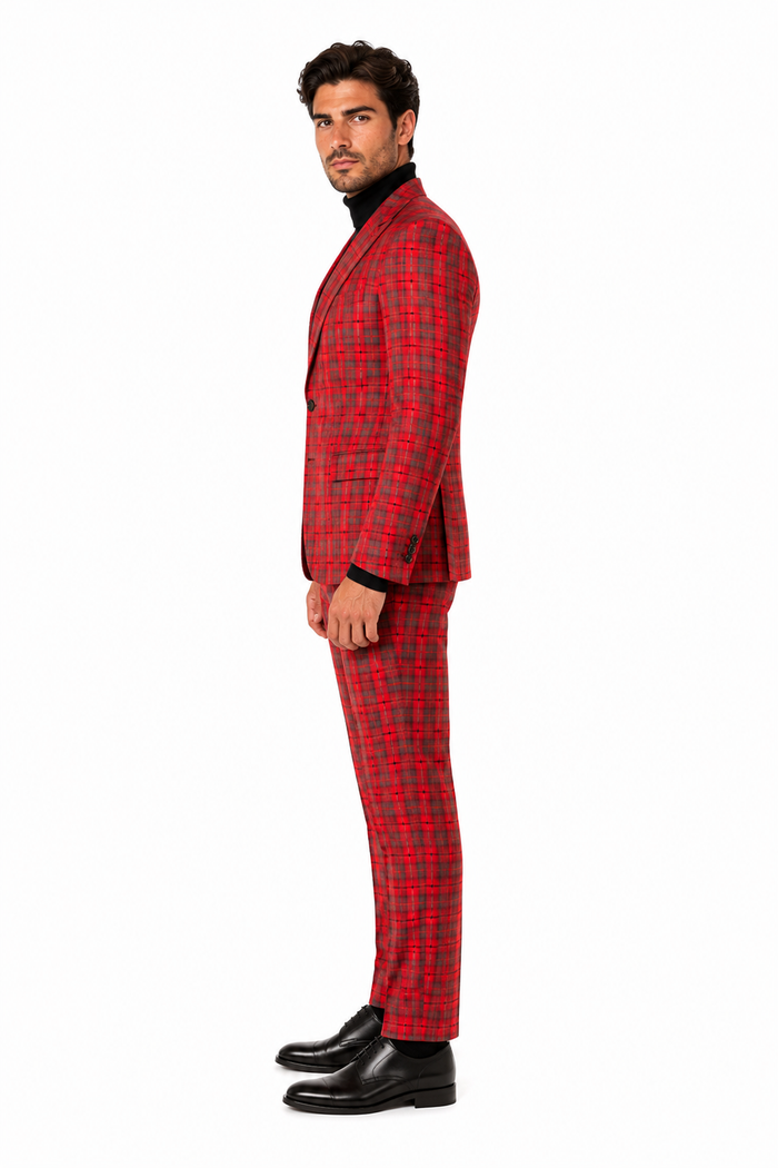 Modern Red Plaid Blazer Tartan Windowpane Pattern Christmas Party Color