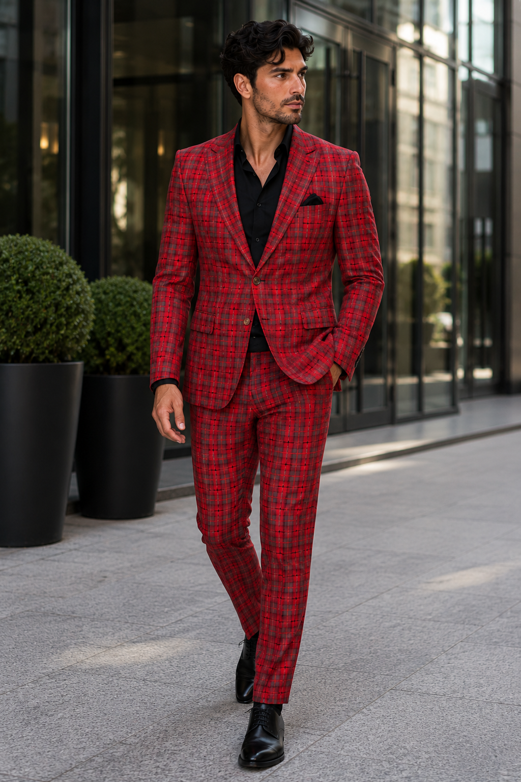 Modern Red Plaid Blazer Tartan Windowpane Pattern Christmas Party Color