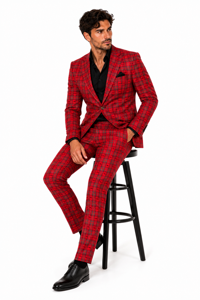 Modern Red Plaid Blazer Tartan Windowpane Pattern Christmas Party Color