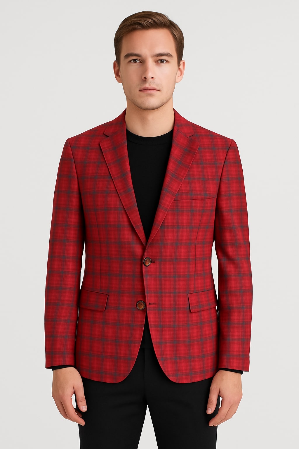 Modern Red Plaid Blazer â€“ Tartan Windowpane Pattern Christmas Party Color - 36 Short