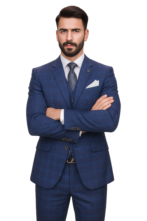 Windowpane Texture Business Pattern Modern Fit Side Vented Men's 3-Piece Wool Suit - Modern Fit Plaid