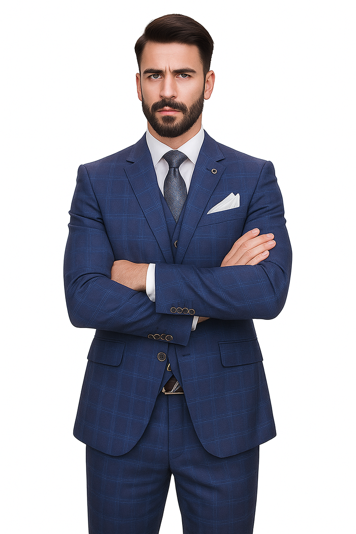 Windowpane Texture Business Pattern Modern Fit Side Vented Men's 3-Piece Wool Suit - Modern Fit Plaid