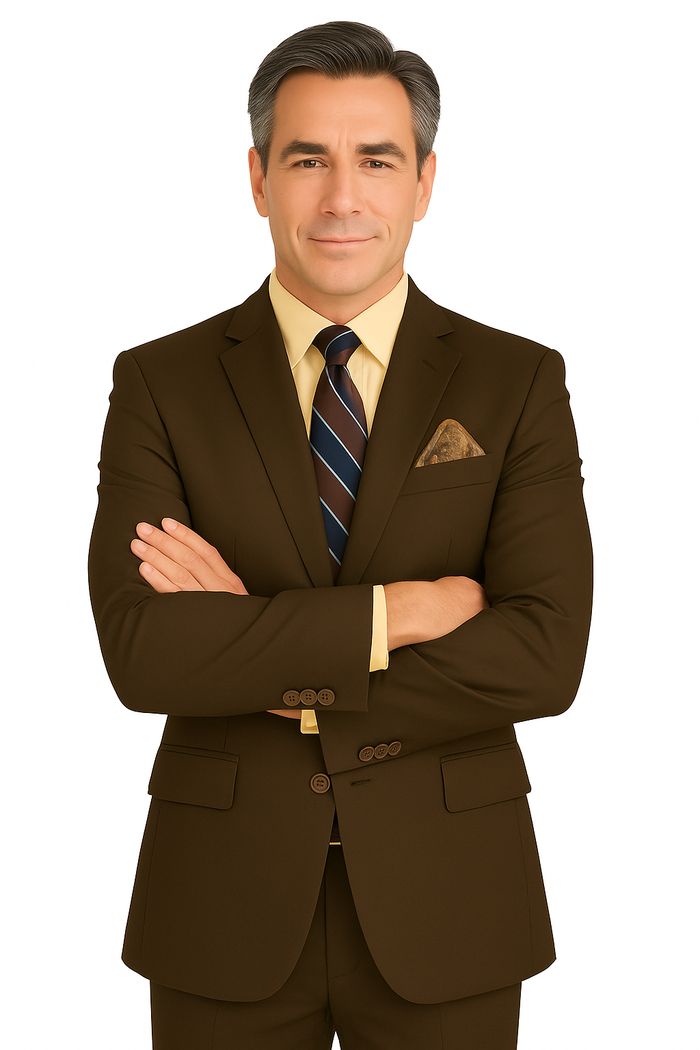 modern men's brown suit with stretch fabric and flat front pants