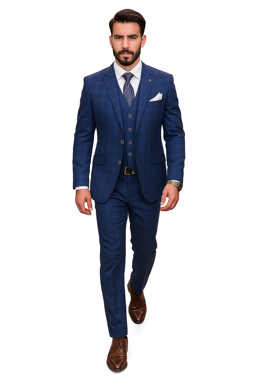 Windowpane Texture Business Pattern Modern Fit Side Vented Men's 3-Piece Wool Suit - Modern Fit Plaid - 34 Short or Extra Small