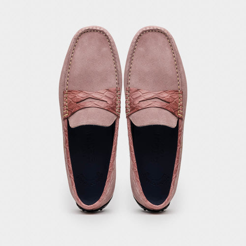 Zelli Monza Suede and Caiman Crocodile Driving Shoes in Candy