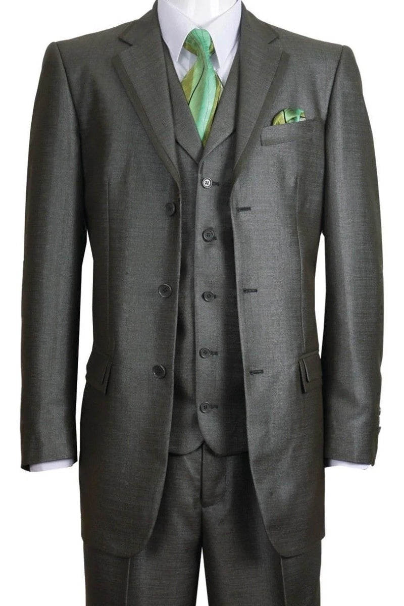"Olive Green Men's Sharkskin Church Suit - 3 Button Vested Textured"