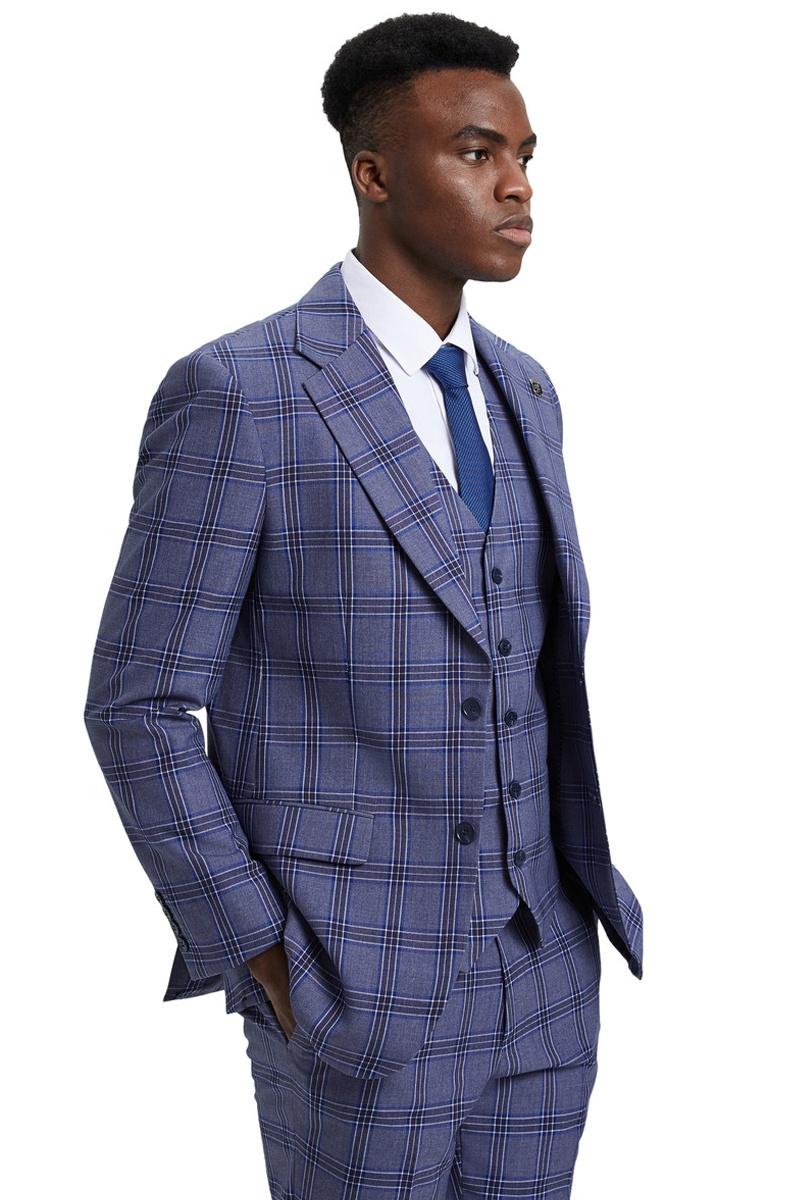 Men's Stacy Adams Two Button Vested Glen Plaid Check Suit in Light Purple Lavender - 38 Regular