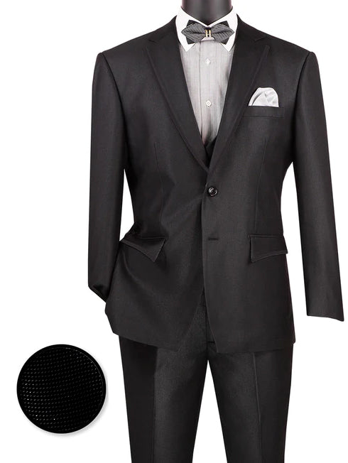 Birdseye Pattern Modern Fit 3 Piece Black Suit with Black Trim - Black