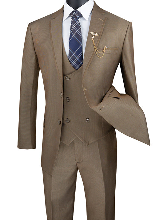 Birdseye Pattern Modern Fit 3 Piece Khaki Suit with Contrast Trim - Khaki
