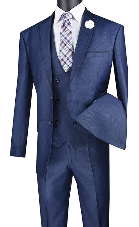 Birdseye Pattern Modern Fit 3 Piece Navy Suit with Contrast Trim - Navy