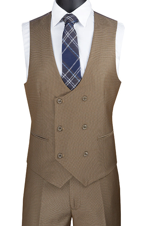 Birdseye Pattern Modern Fit 3 Piece Khaki Suit with Contrast Trim - Khaki