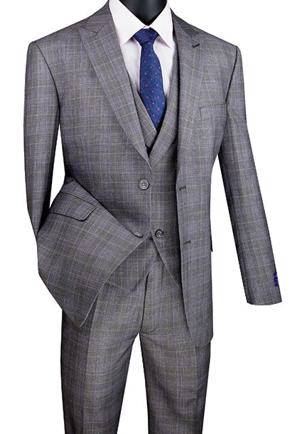 Gray Modern Fit Glen Plaid 2 Button Peak Lapel 3 Piece Suit - Gray