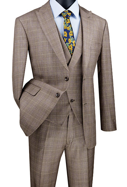 Tan Modern Fit Glen Plaid 2 Button Peak Lapel 3 Piece Suit - Tan