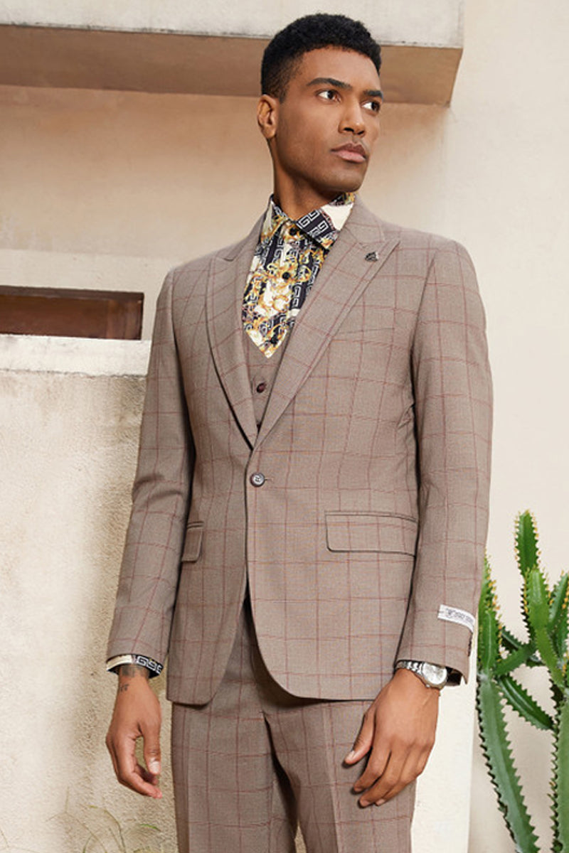 "Mens Stacy Adams Suit - Stacy Adams Men's Windowpane Plaid Suit with Reversible Vest - Light Brown" - 52 Regular