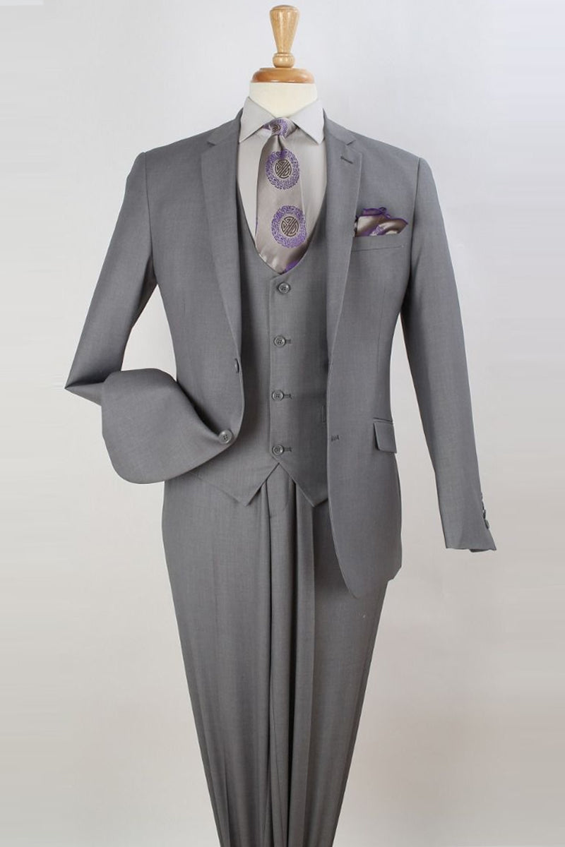 "Light Grey Slim Fit Two Button Men's Suit with Scoop Vest"