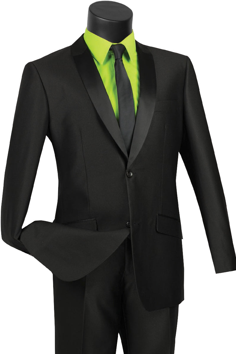 Mens 2 Buttton Slim Contrast Peak Lapel Tuxedo in Black - 36 Short