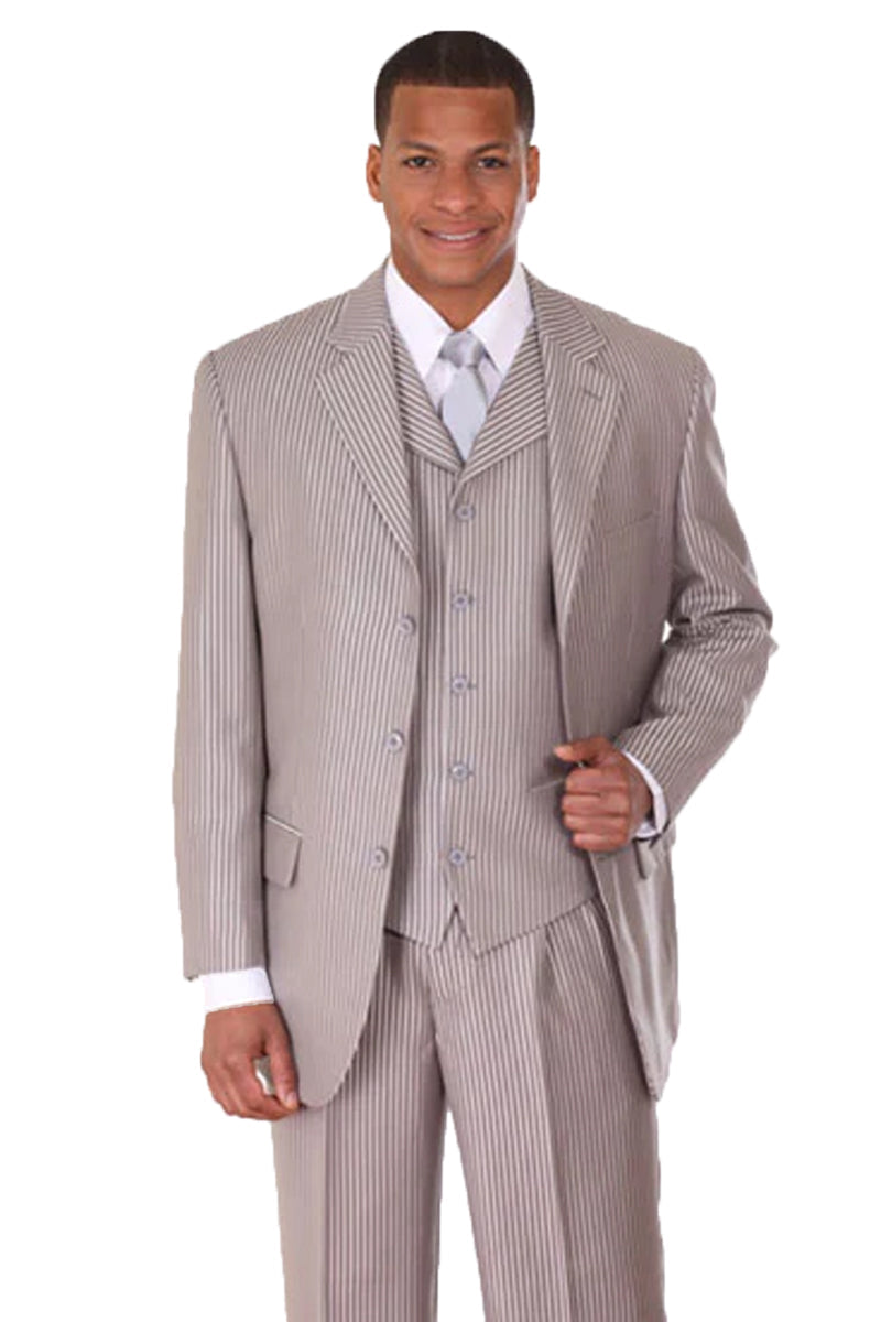 "Sharkskin Pinstripe Suit: Men's Silver Grey 3-Button Vested Style"