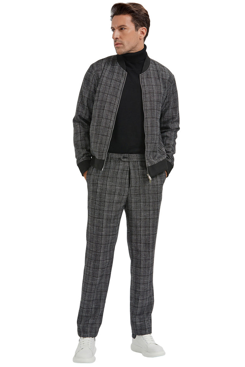 "Black Plaid Men's Casual Walking Track Suit Set - Jacket & Pant" - X-Small