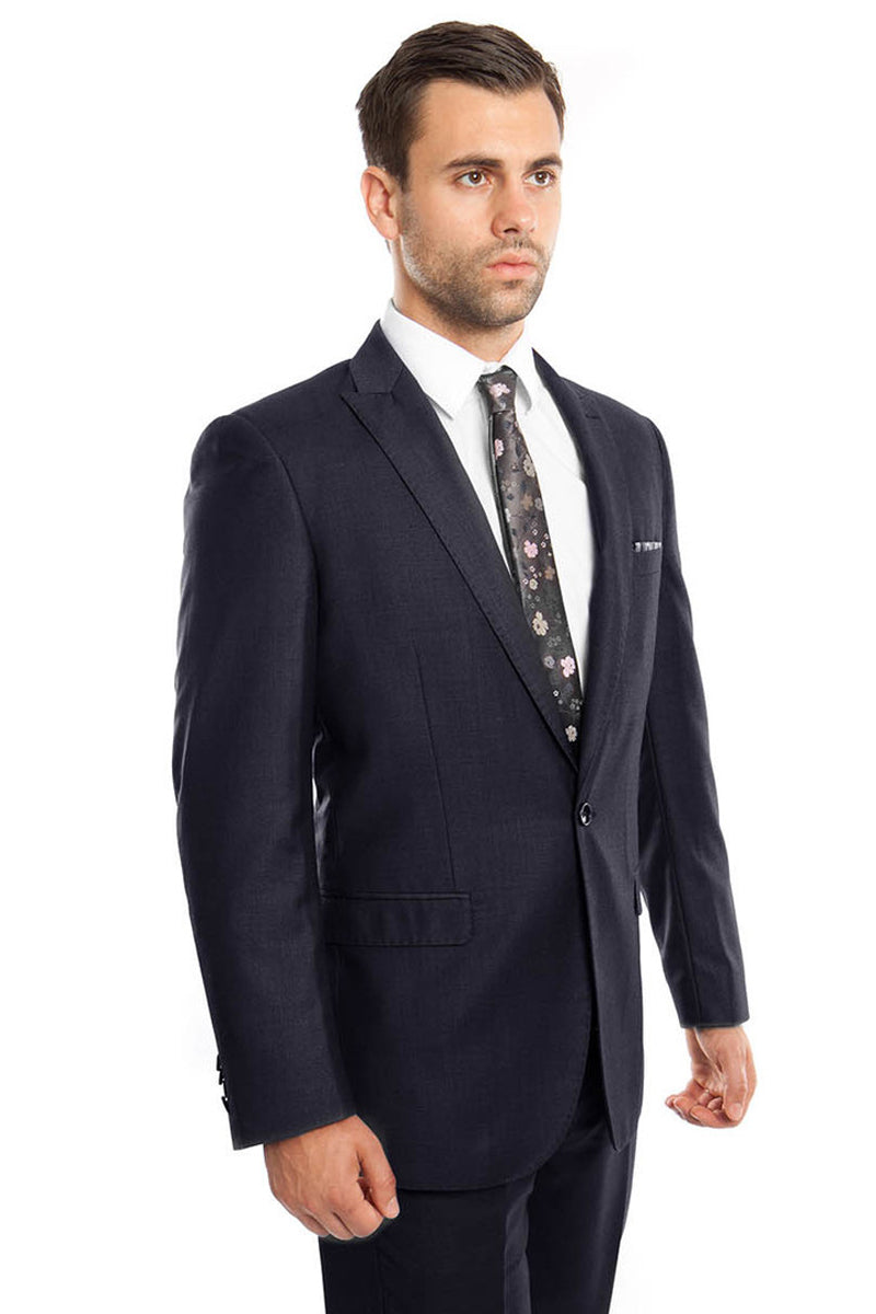 Navy Blue Men's Slim Fit Suit with One Button Peak Lapel - 34 Short