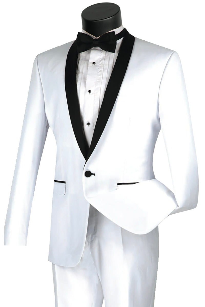 Mens Slim Fit One Button Shawl Tuxedo in White - 36 Short
