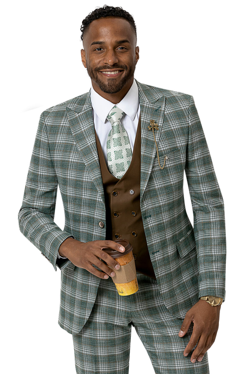 "Modern Fit Men's Double Breasted Suit Vest - Hunter Green Plaid"