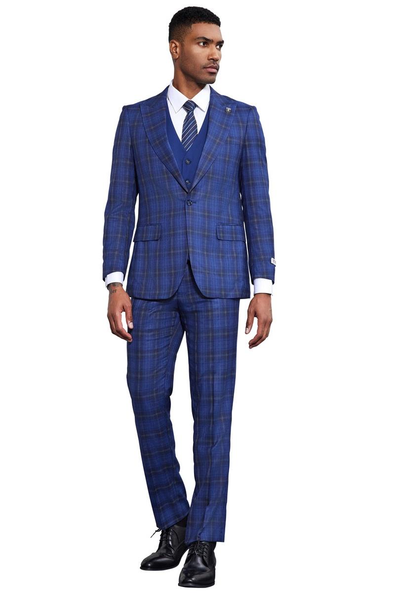 Men's Stacy Adams Bold Windowpane Plaid Print Vested Suit in Midnight Blue - 38 Regular