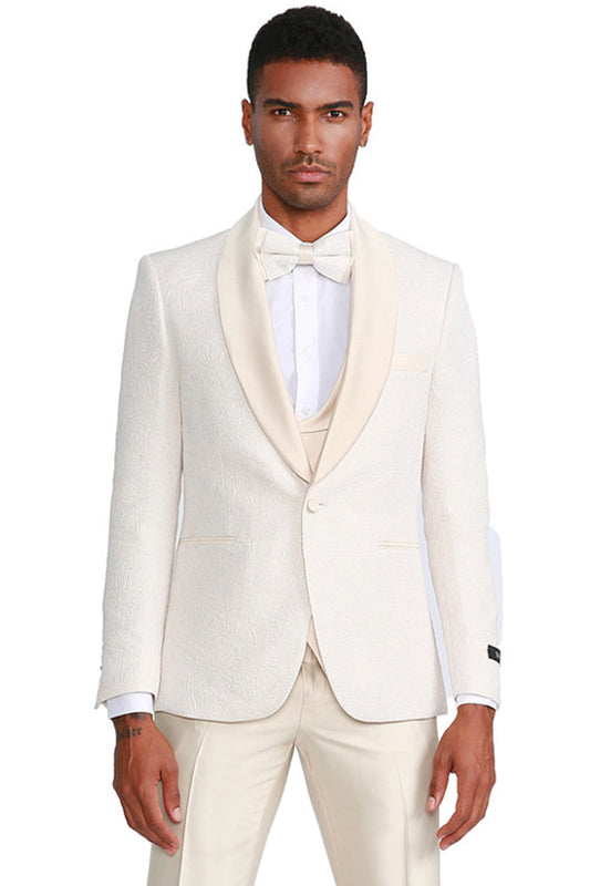 Ivory Paisley Wedding Tuxedo for Men - One Button Vested Prom Suit with Satin Vest and Pants