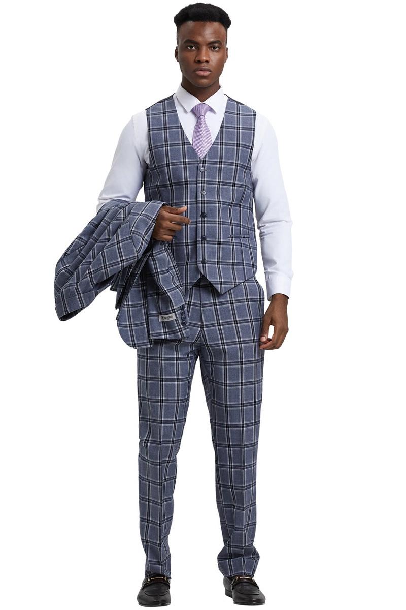 Men's Stacy Adams Two Button Vested Glen Plaid Check Suit in Grey - 38 Regular