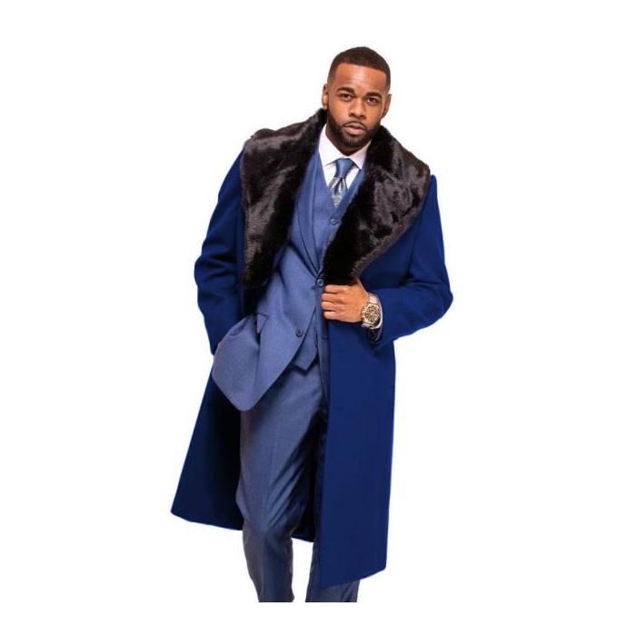 Mens Dark Blue Overcoat-Long Dress Winter Coat With Fur Collar