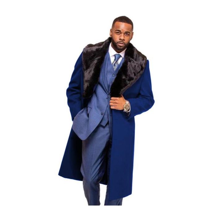 Navy Blue Overcoat ~ Long Mens Dress Topcoat - Winter Coat With Fur Collar - Coat Size 38