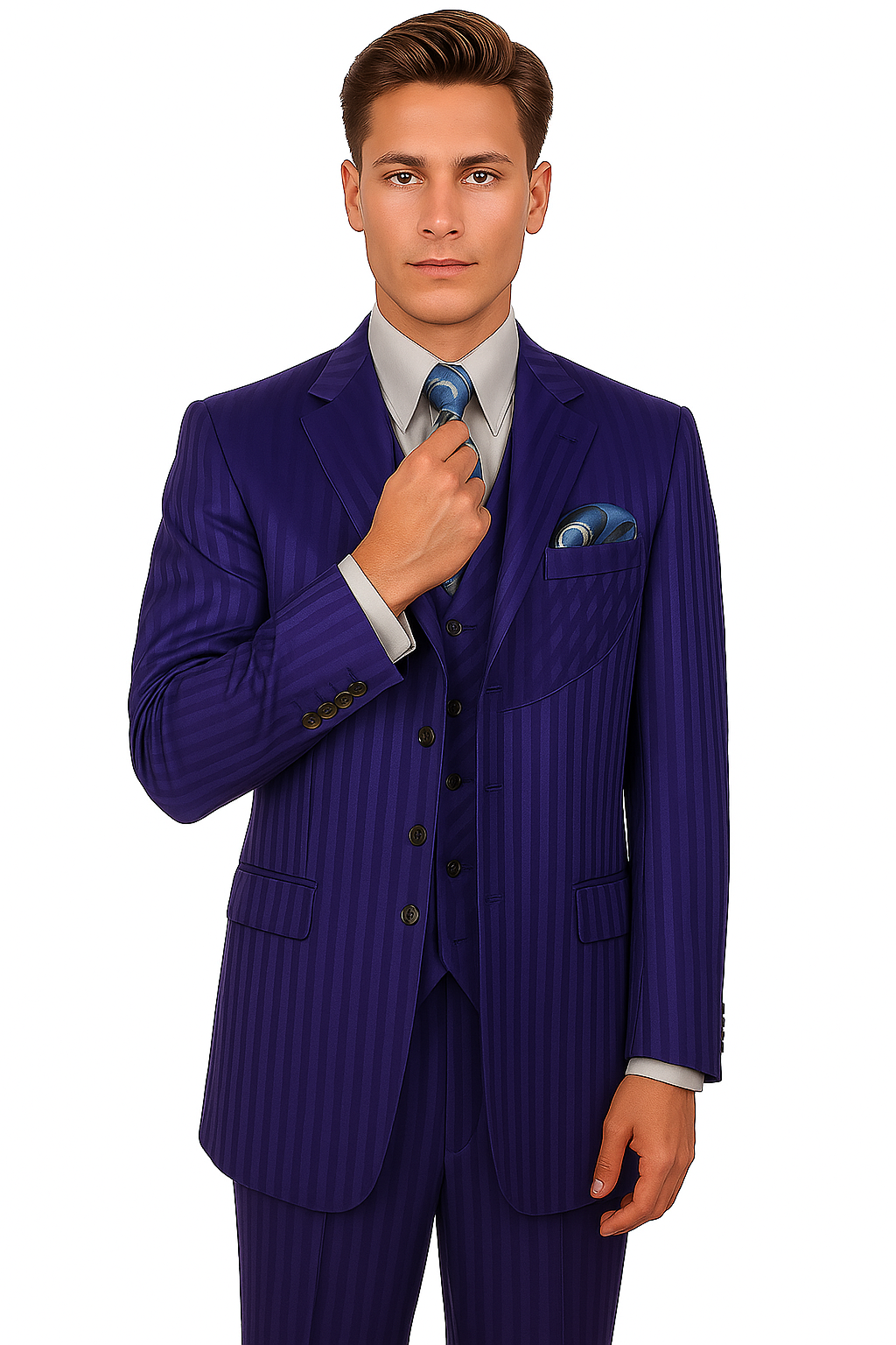 "Navy Blue Men's Shiny Tonal Stripe Fashion Suit - 4 Button Semi Wide Leg" - 38 Long