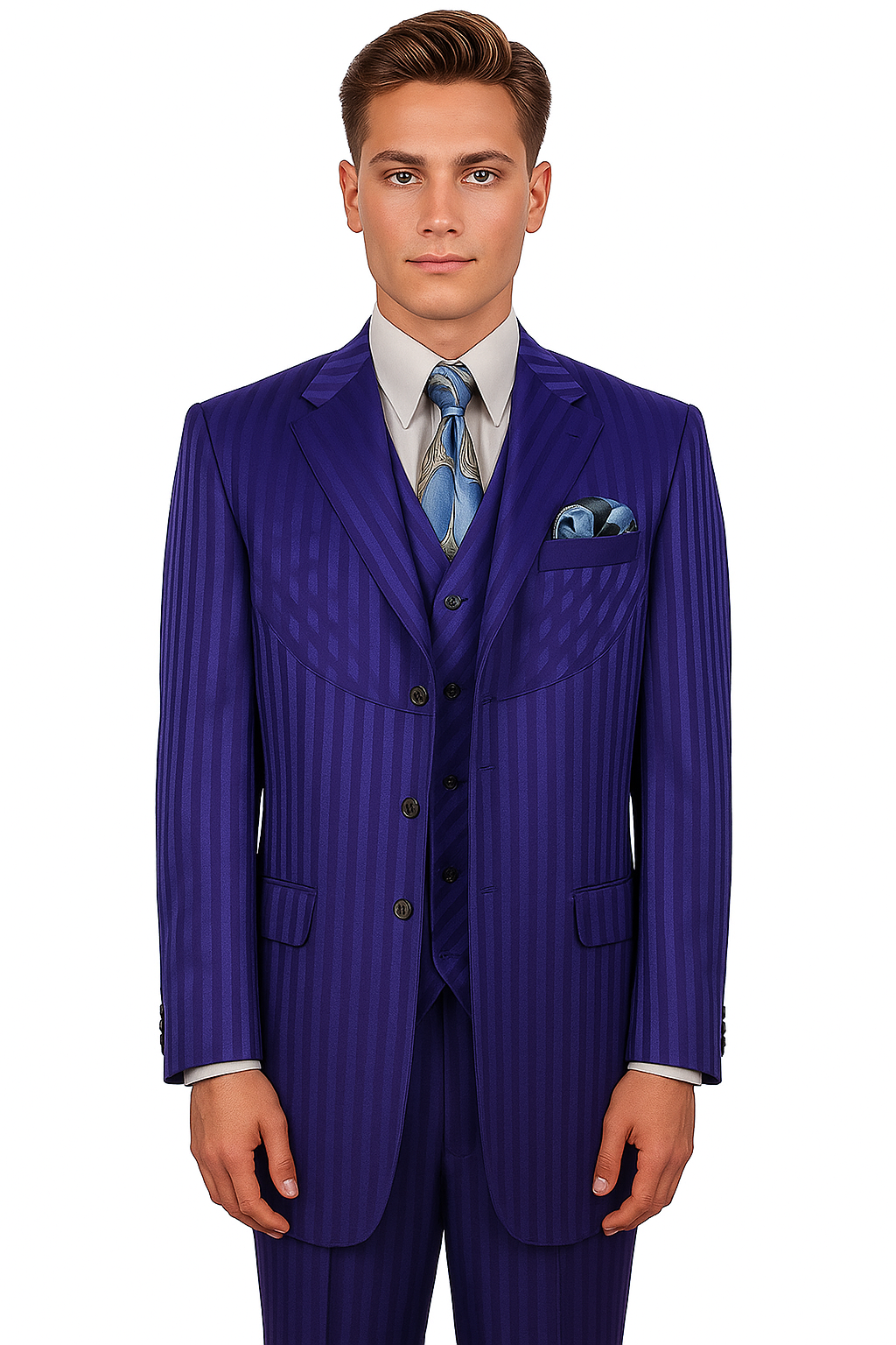 "Navy Blue Men's Shiny Tonal Stripe Fashion Suit - 4 Button Semi Wide Leg" - 38 Long