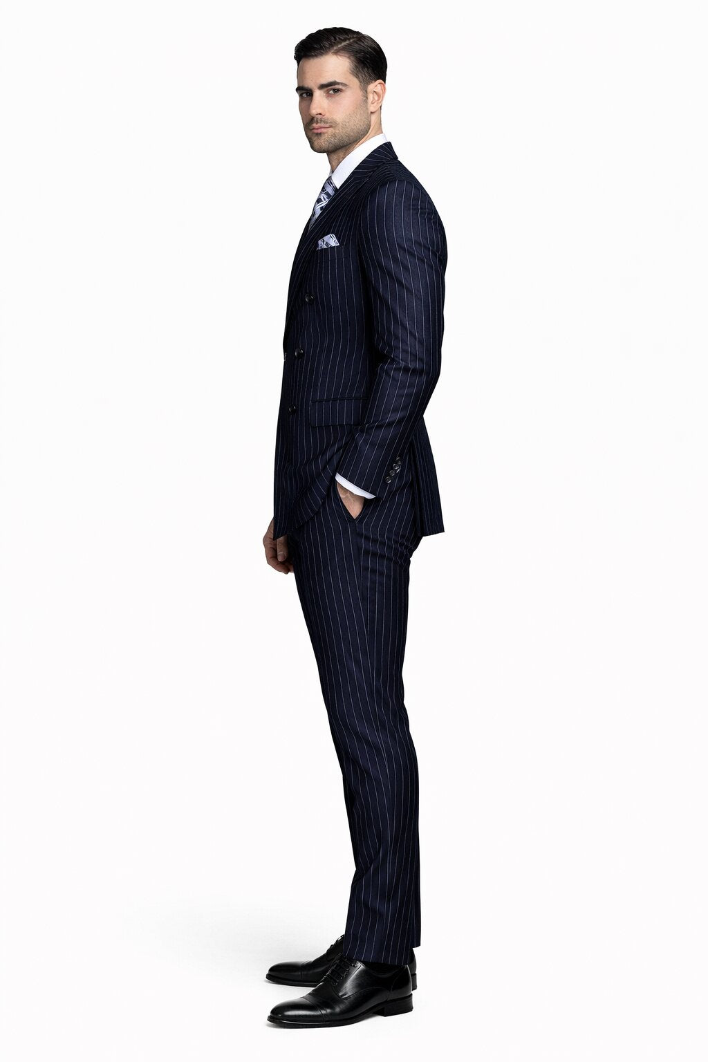 Men's Designer Double Breasted Wool Suit in Bold Navy Blue Gangster Pinstripe.